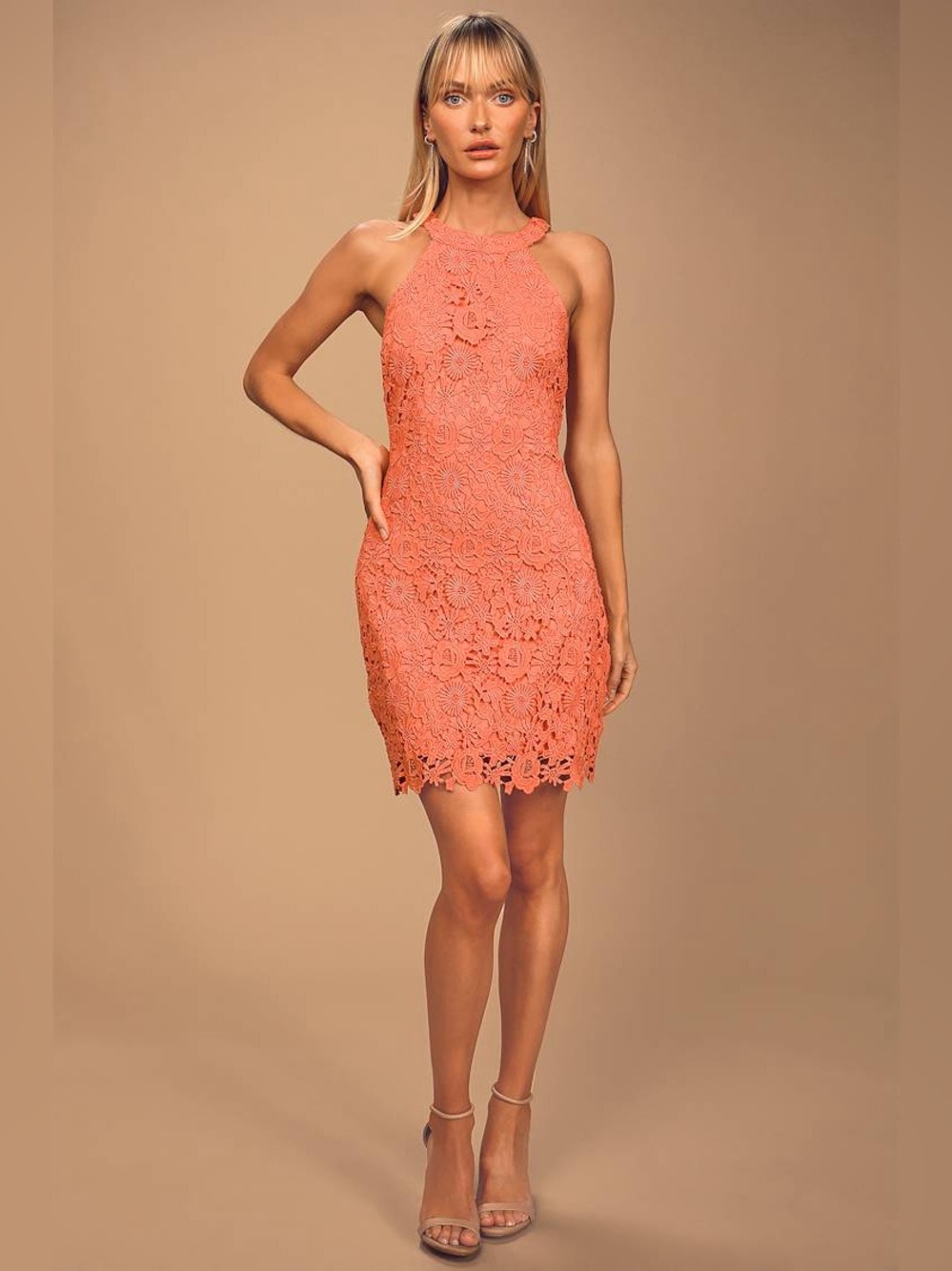 Lulu's Coral Lace Halter Mini Dress